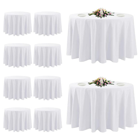 TUOTPE 10-pack white round tablecloths in package, ideal for bulk events.