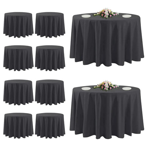 TUOTPE 10-pack black round tablecloths bundled for easy storage.