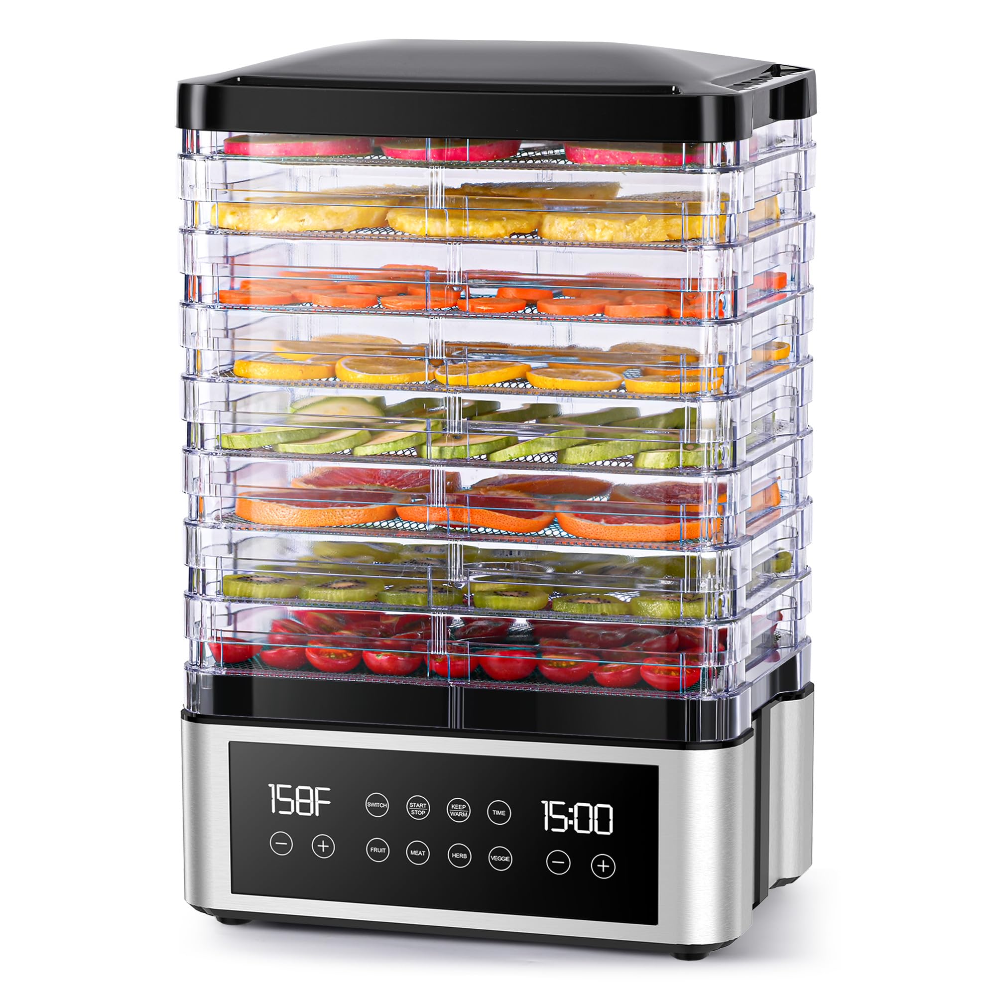 Tupoyi food dehydrator front view with eight trays for even drying