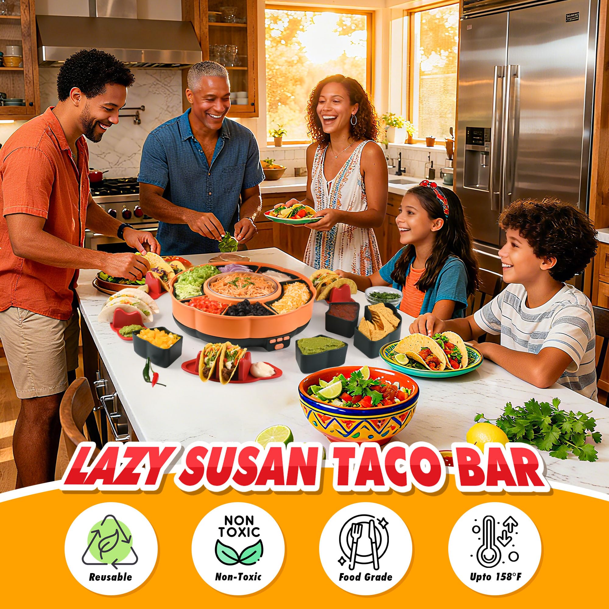 Tupoyi taco bar serving stand set up for easy self-serve taco night.