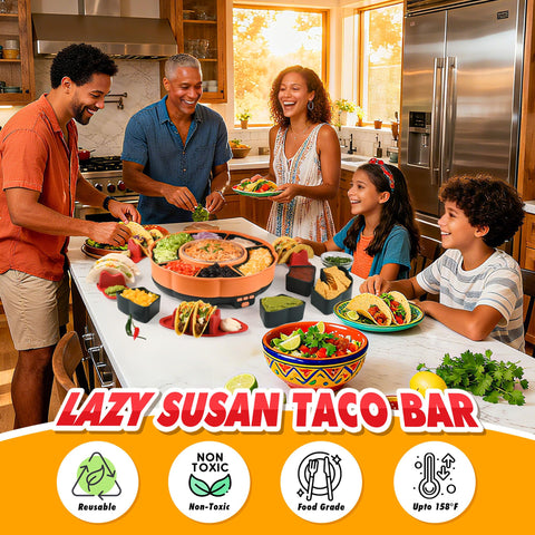 Tupoyi taco bar serving stand set up for easy self-serve taco night.