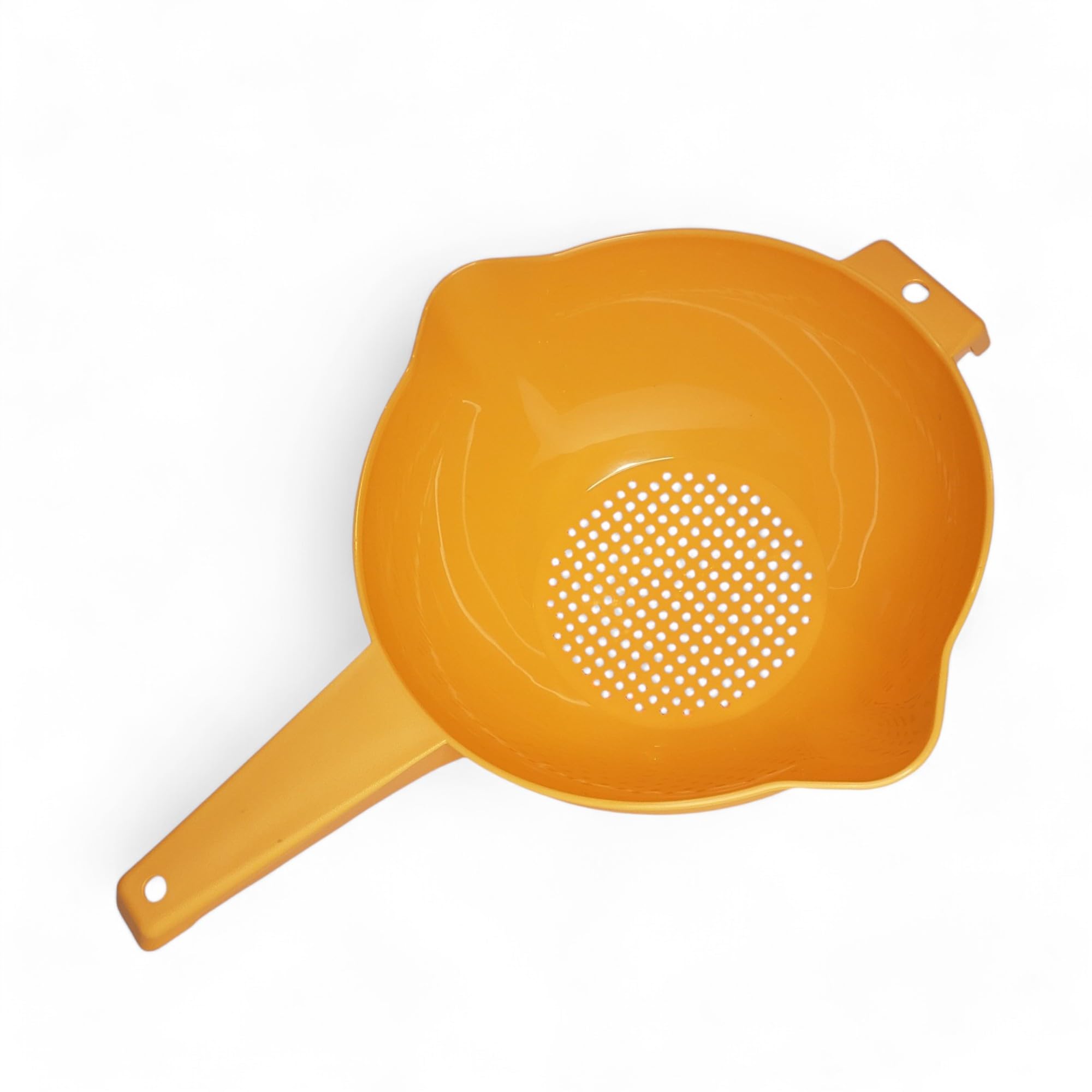 Tupperware 2 Quart Colander with orange handle, front view for quick draining