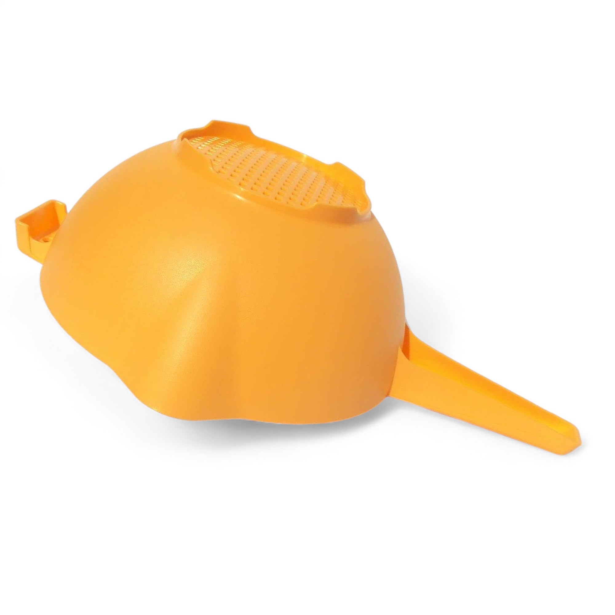 Tupperware 2 Quart Colander orange side view, stable feet for steady rinsing