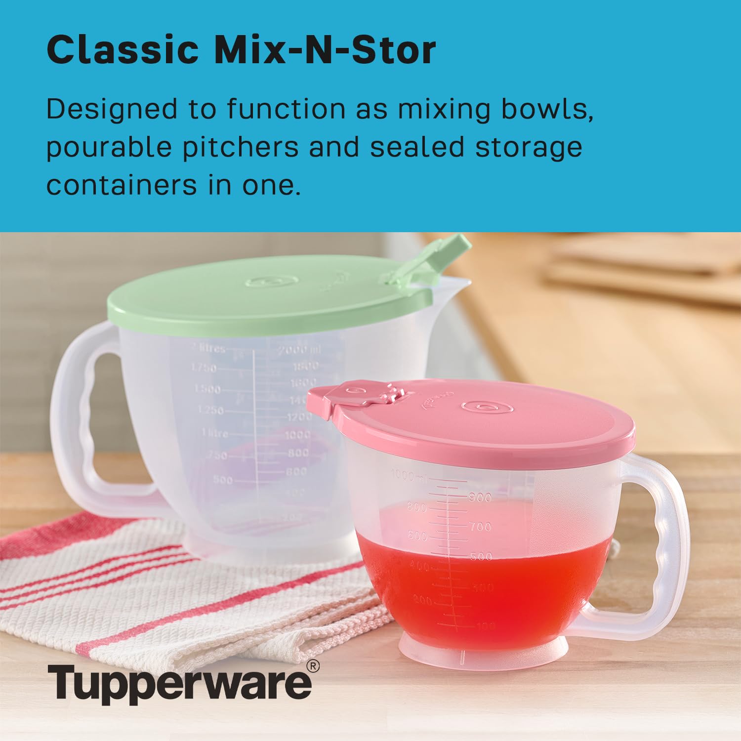Tupperware Classic Mix-N-Store lid with flip-top spout for controlled pouring