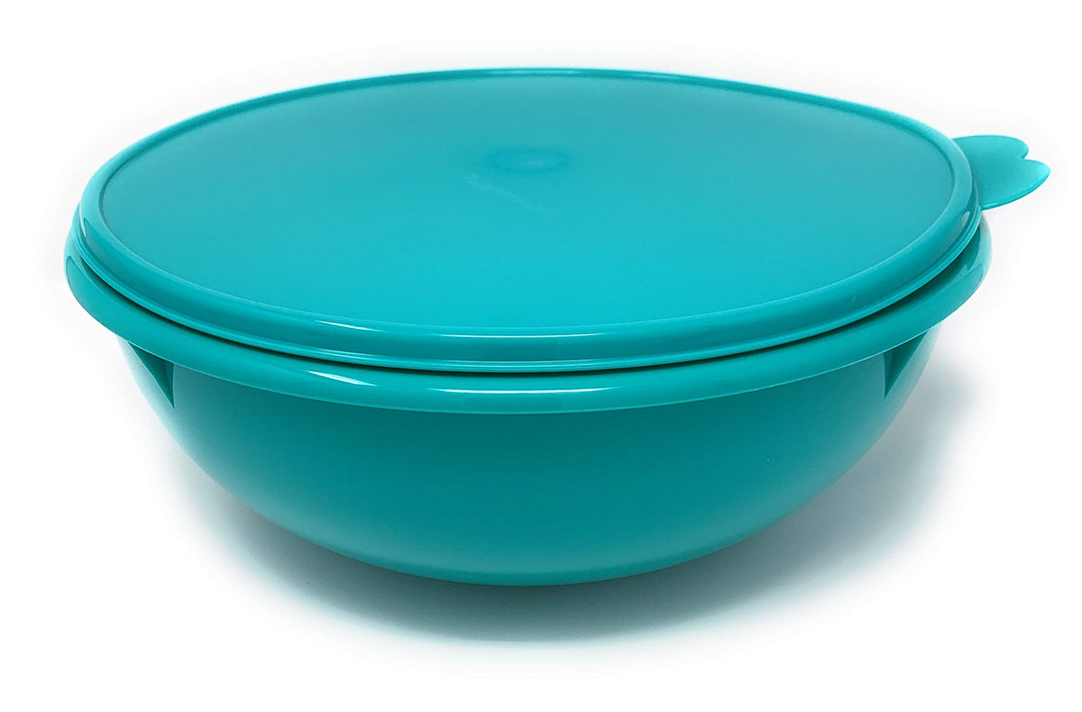 Tupperware Fix N Mix teal bowl top view showing 26-cup capacity for large batches
