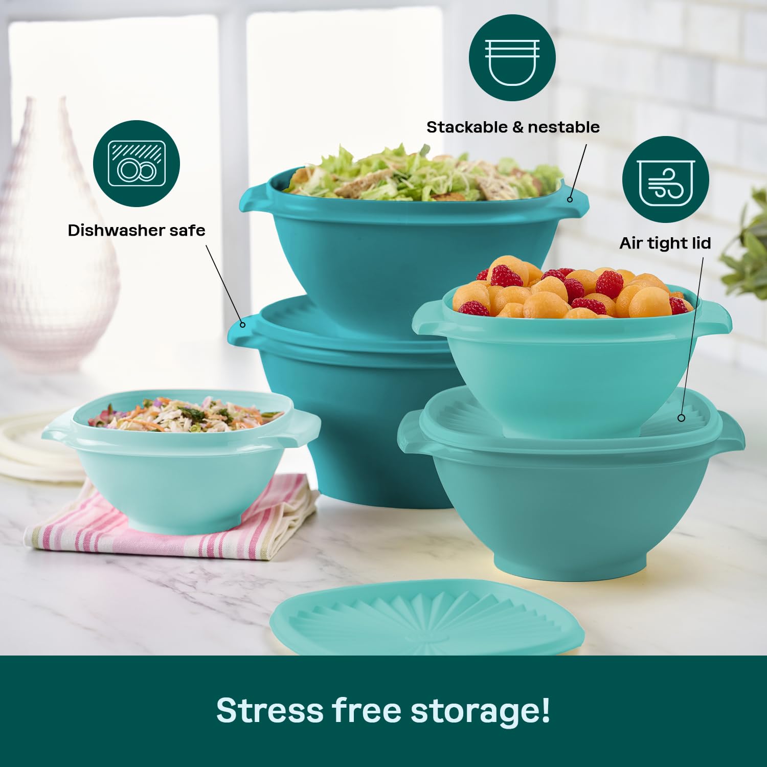 Tupperware Heritage bowls in a dishwasher for easy cleaning.