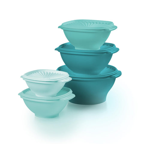 Tupperware Heritage bowls stacked in vintage green for space-saving storage.
