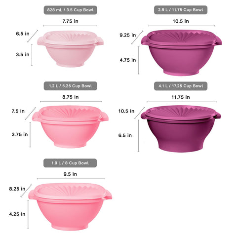 Tupperware Heritage Collection vintage pink bowls in dishwasher-safe, BPA-free set.