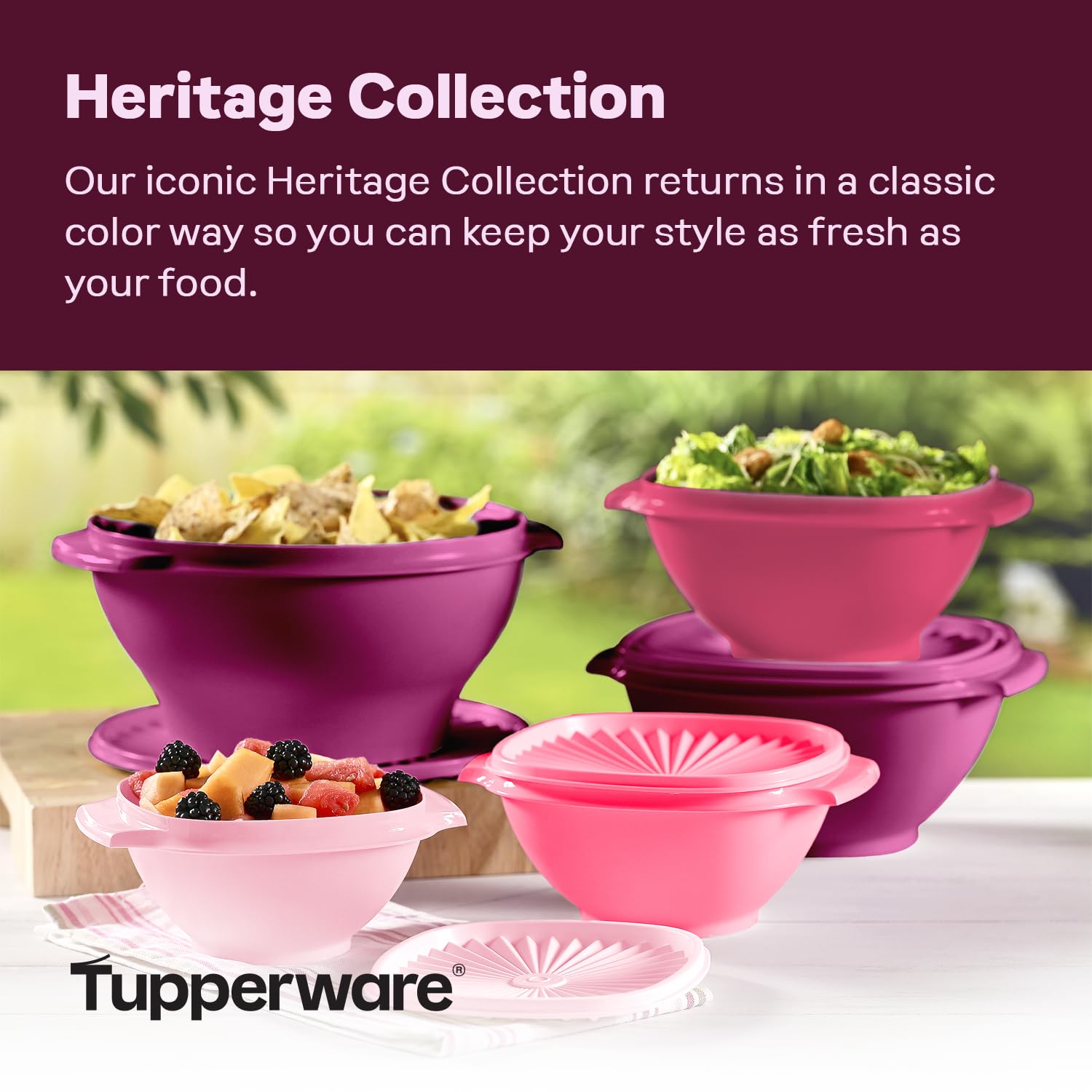 Tupperware Heritage 10-piece nesting bowls with lids demonstrate space-saving design.