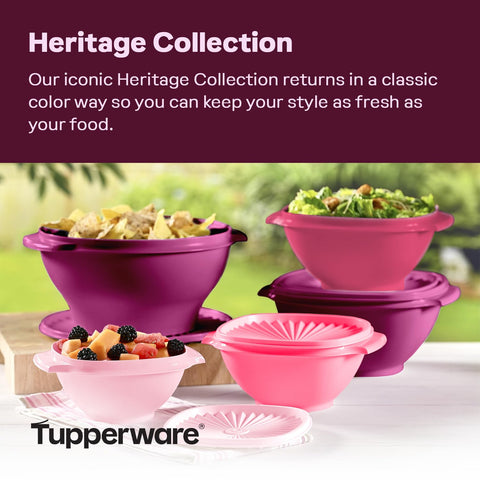 Tupperware Heritage 10-piece nesting bowls with lids demonstrate space-saving design.