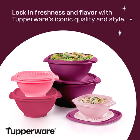 Tupperware heritage collection pink storage bowls stacked for compact pantry organization.