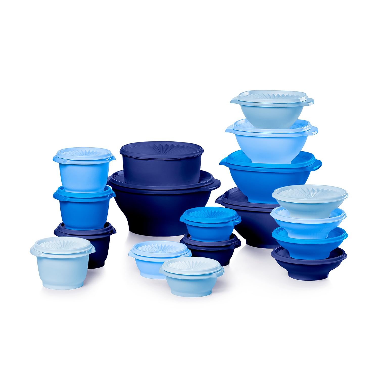 Tupperware Heritage Collection vintage blue nesting bowls with sunburst lids for organized pantry storage.