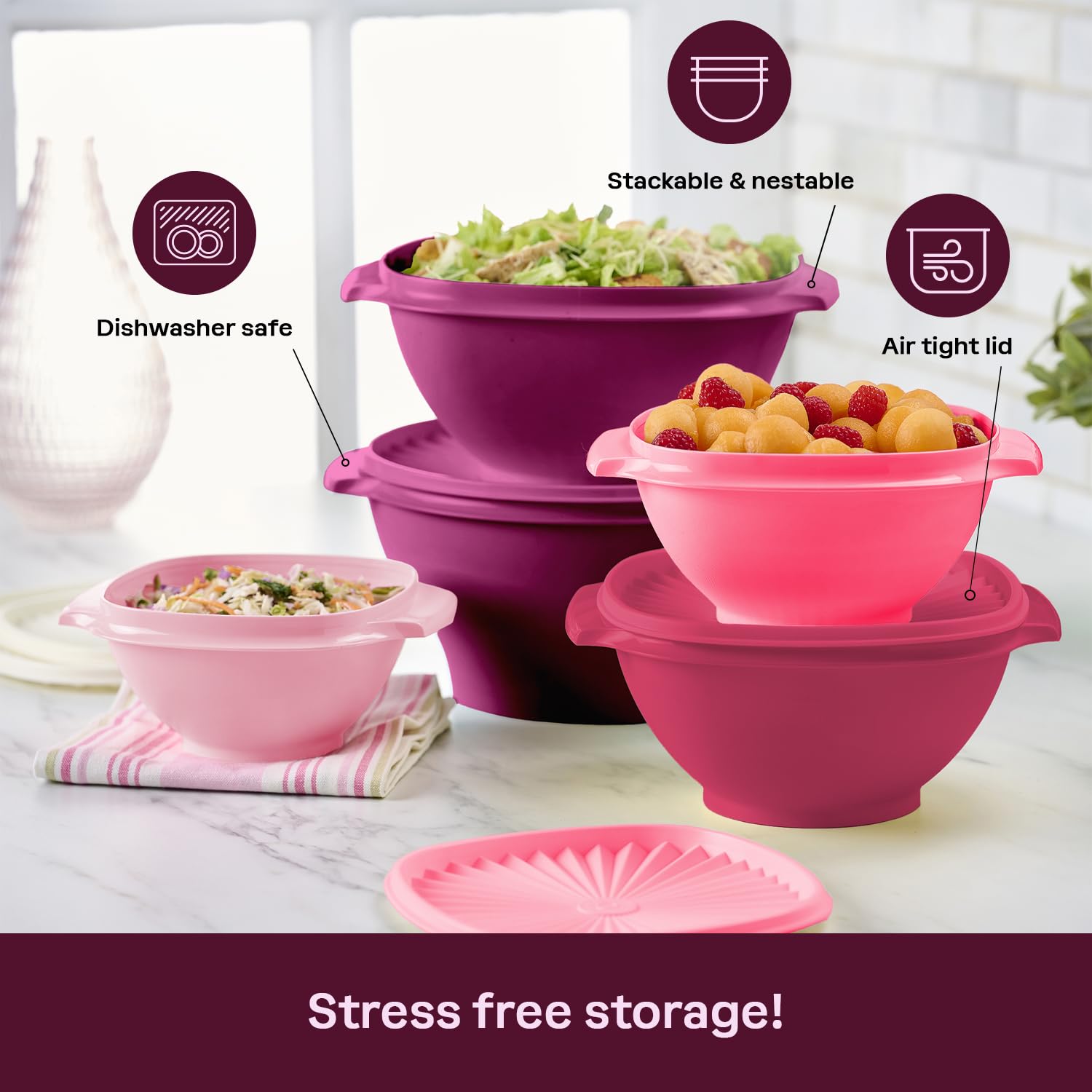 Tupperware sunburst lid design sealing freshness in a durable plastic bowl.