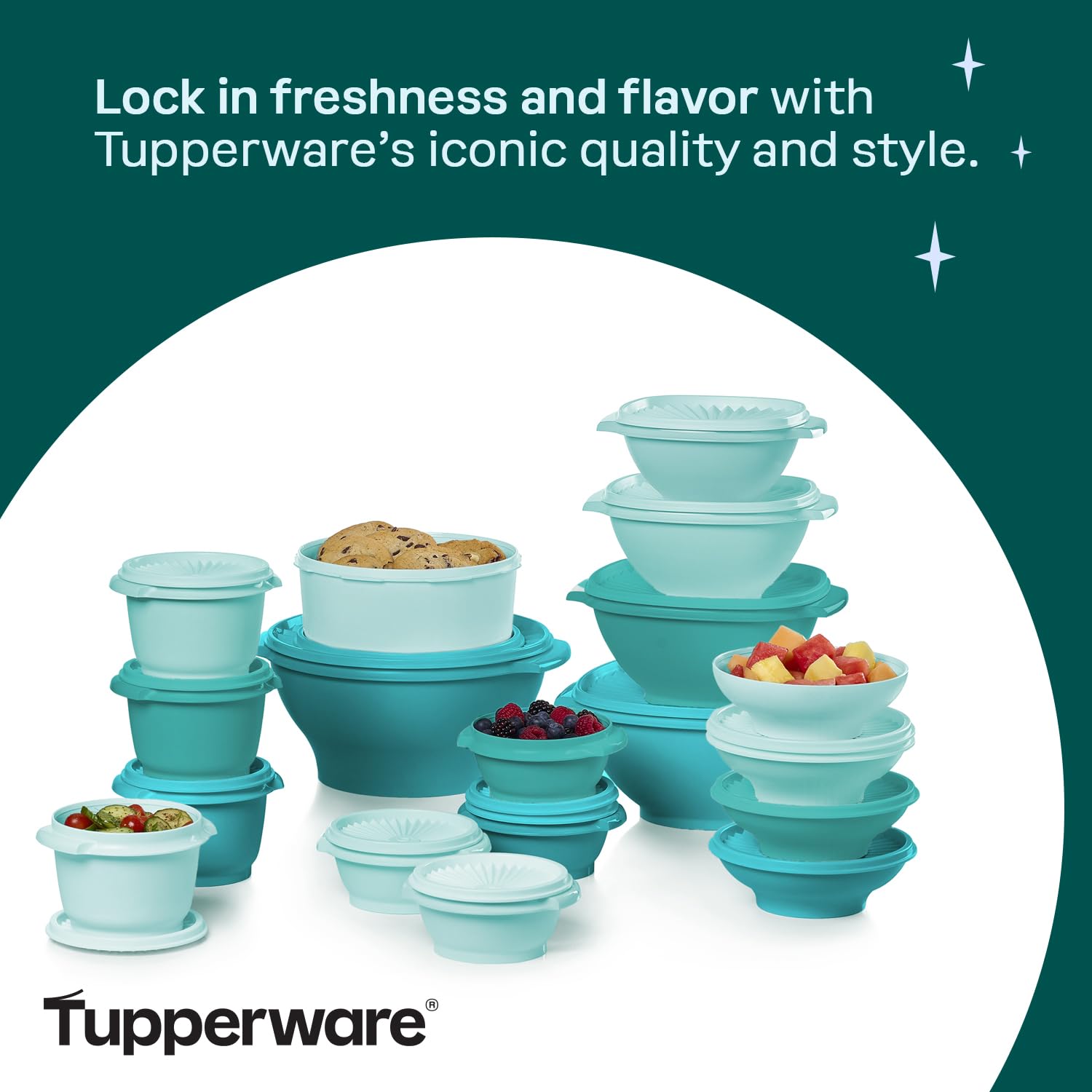 Compact nesting arrangement of Tupperware Heritage pieces for efficient storage.