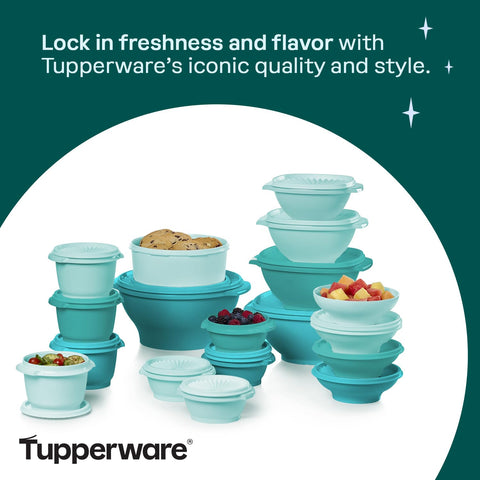 Compact nesting arrangement of Tupperware Heritage pieces for efficient storage.