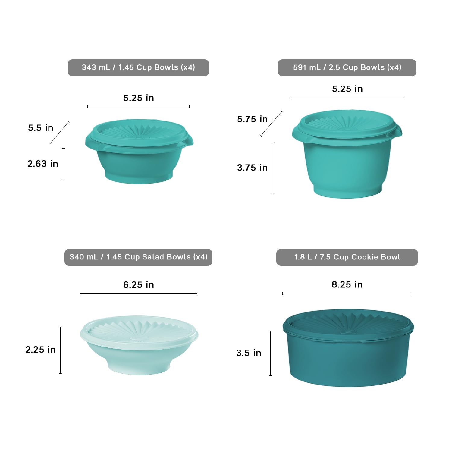 Stacked nesting bowls from Tupperware Heritage for space-saving storage.
