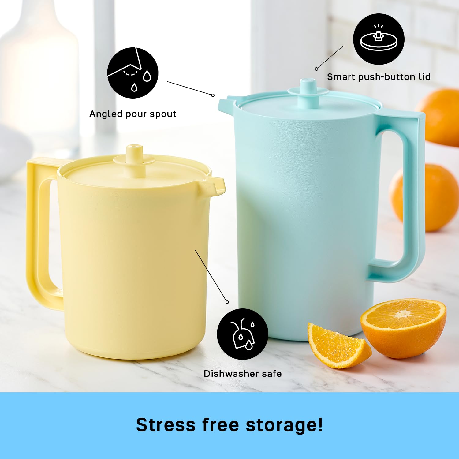 Tupperware Heritage Pitcher Aquamarine lid securely locked after use.