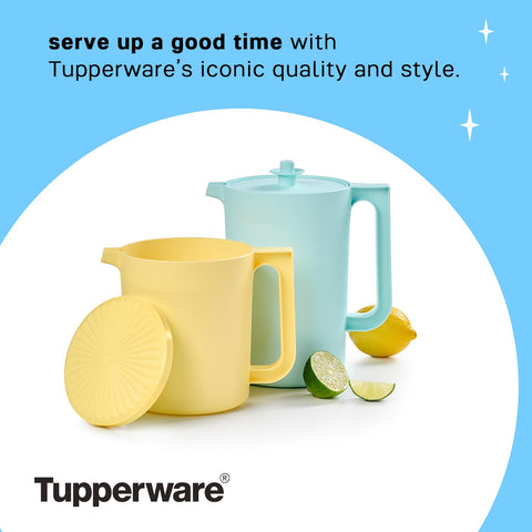 Tupperware Heritage Pitcher Yellow spout angled for splashes-free pouring.