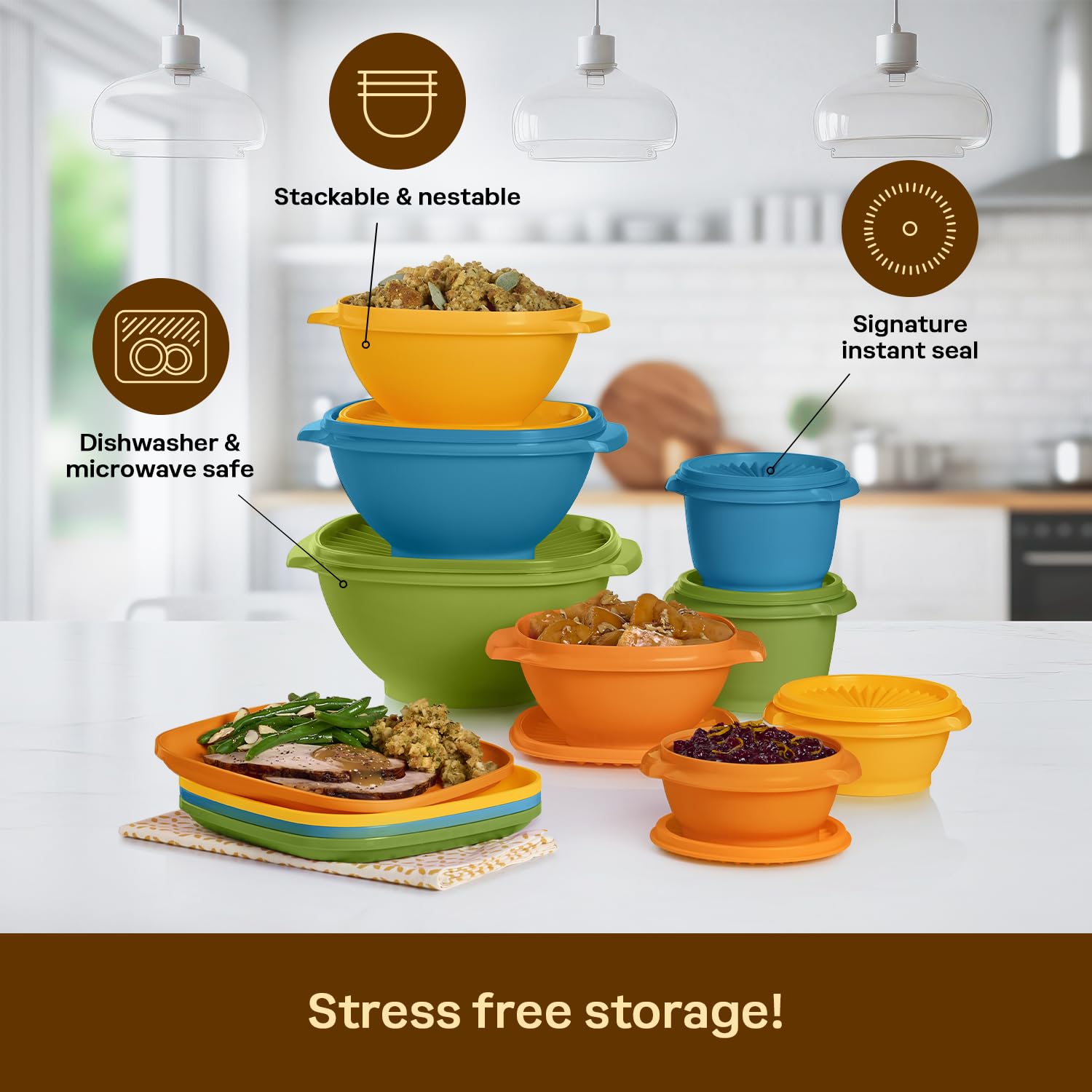 Tupperware Heritage Retro apricot dishware close-up highlights BPA-free, durable plastic