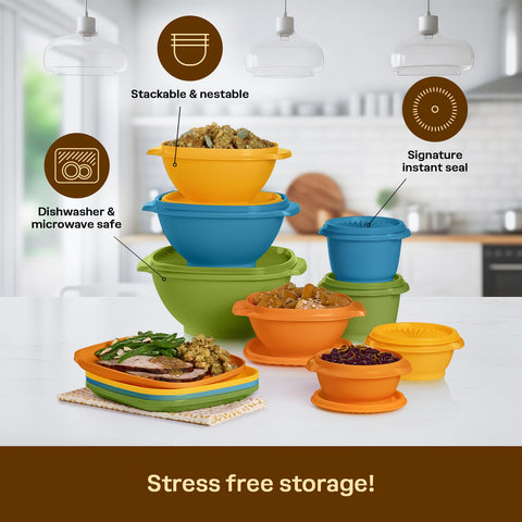 Tupperware Heritage Retro apricot dishware close-up highlights BPA-free, durable plastic