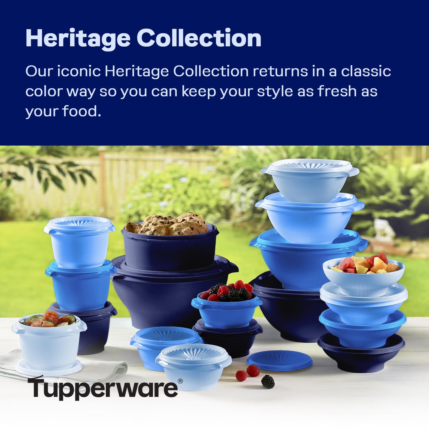 Tupperware Heritage sunburst lid design sealing freshness in vintage blue containers.