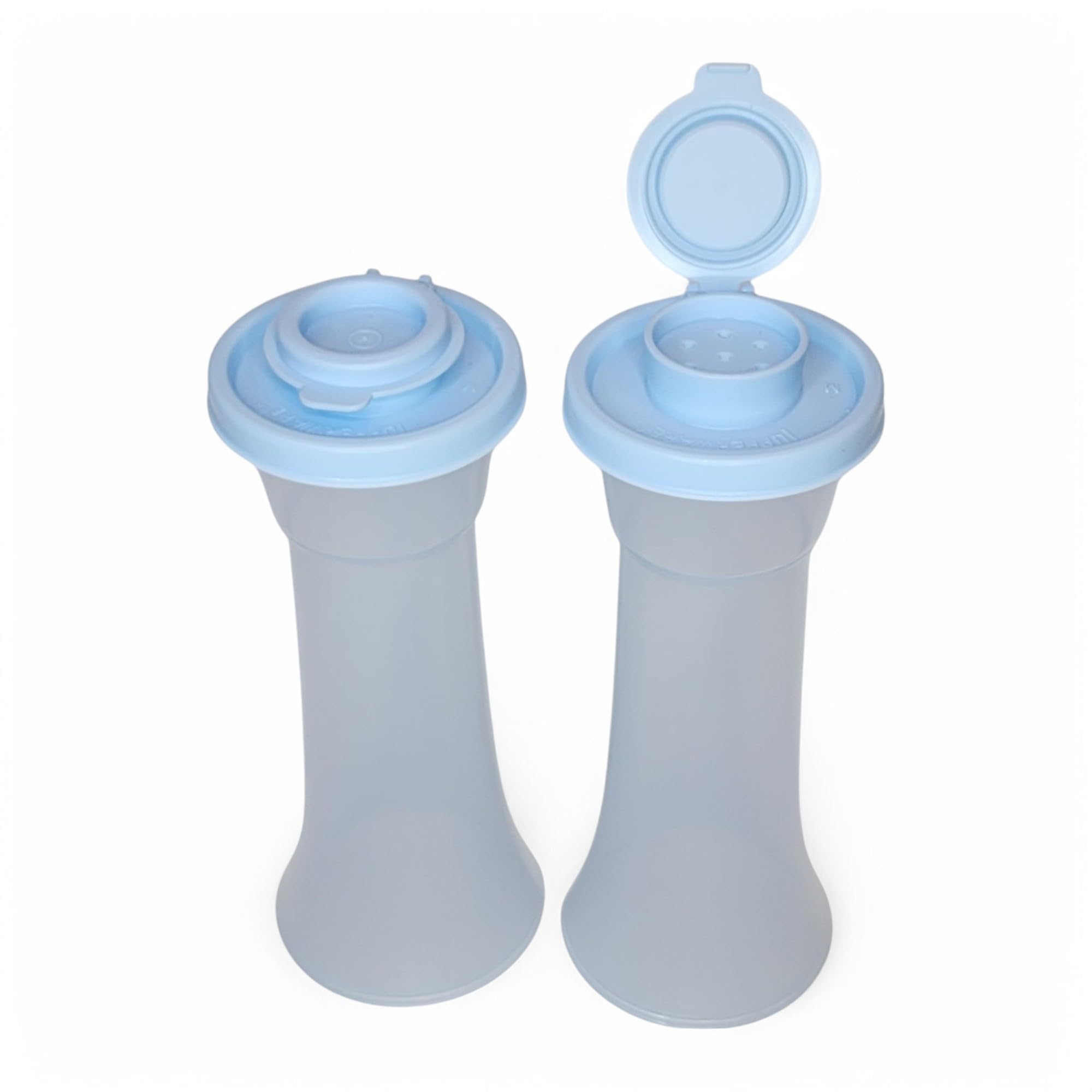 Tupperware hourglass shaker close-up showing ice blue seals for even pours.