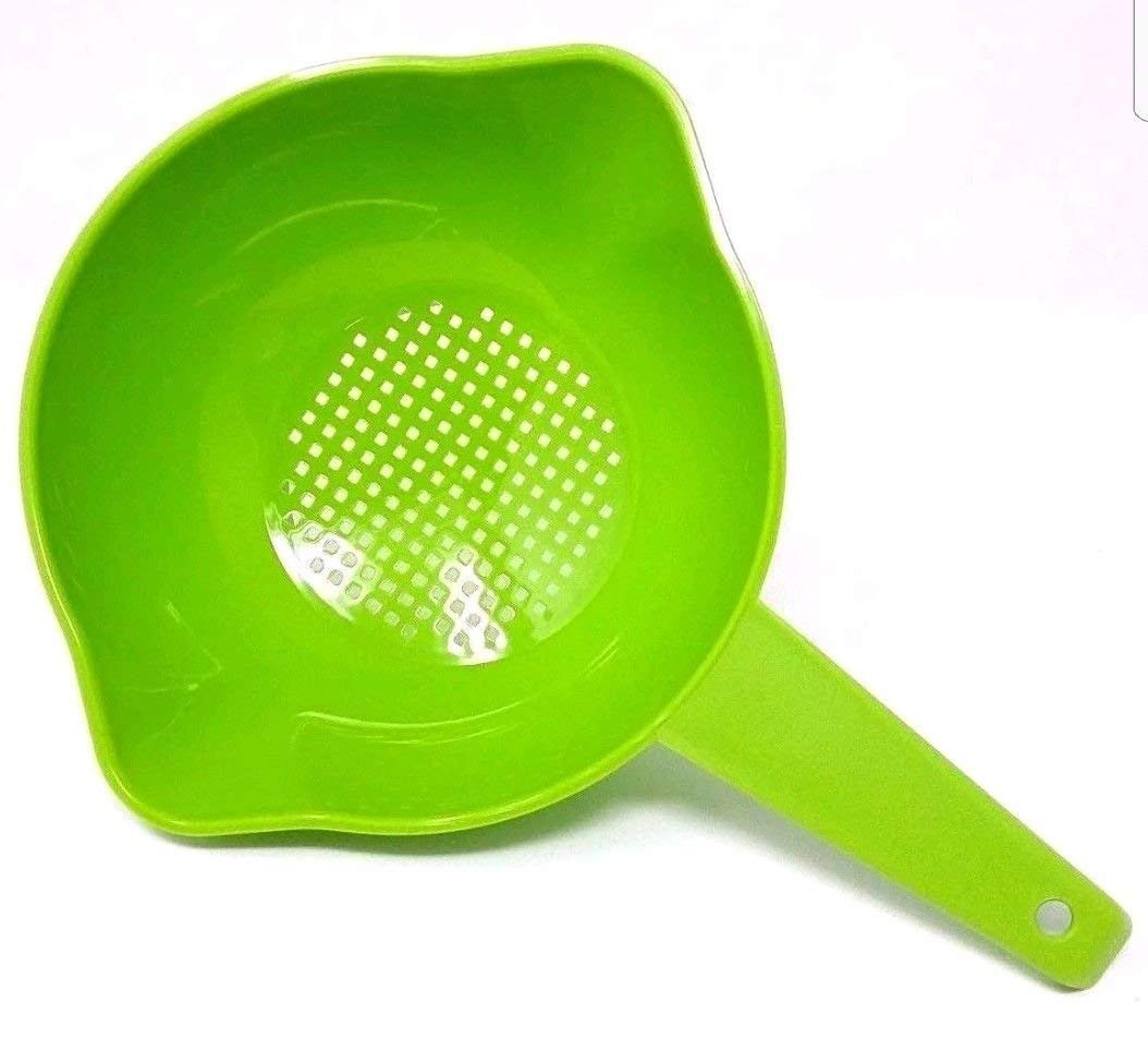 Tupperware small 1-quart colander with lime green handle for easy draining.