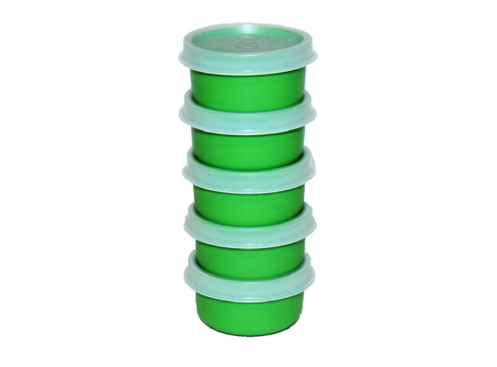 Tupperware Smidgets 1-ounce green mini bowls for small portions, travel, and storage, airtight.