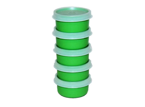 Tupperware Smidgets 1-ounce green mini bowls for small portions, travel, and storage, airtight.