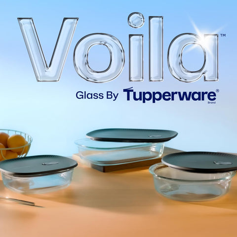 Tupperware Voila glass square baking dish, microwave-ready for quick reheats.