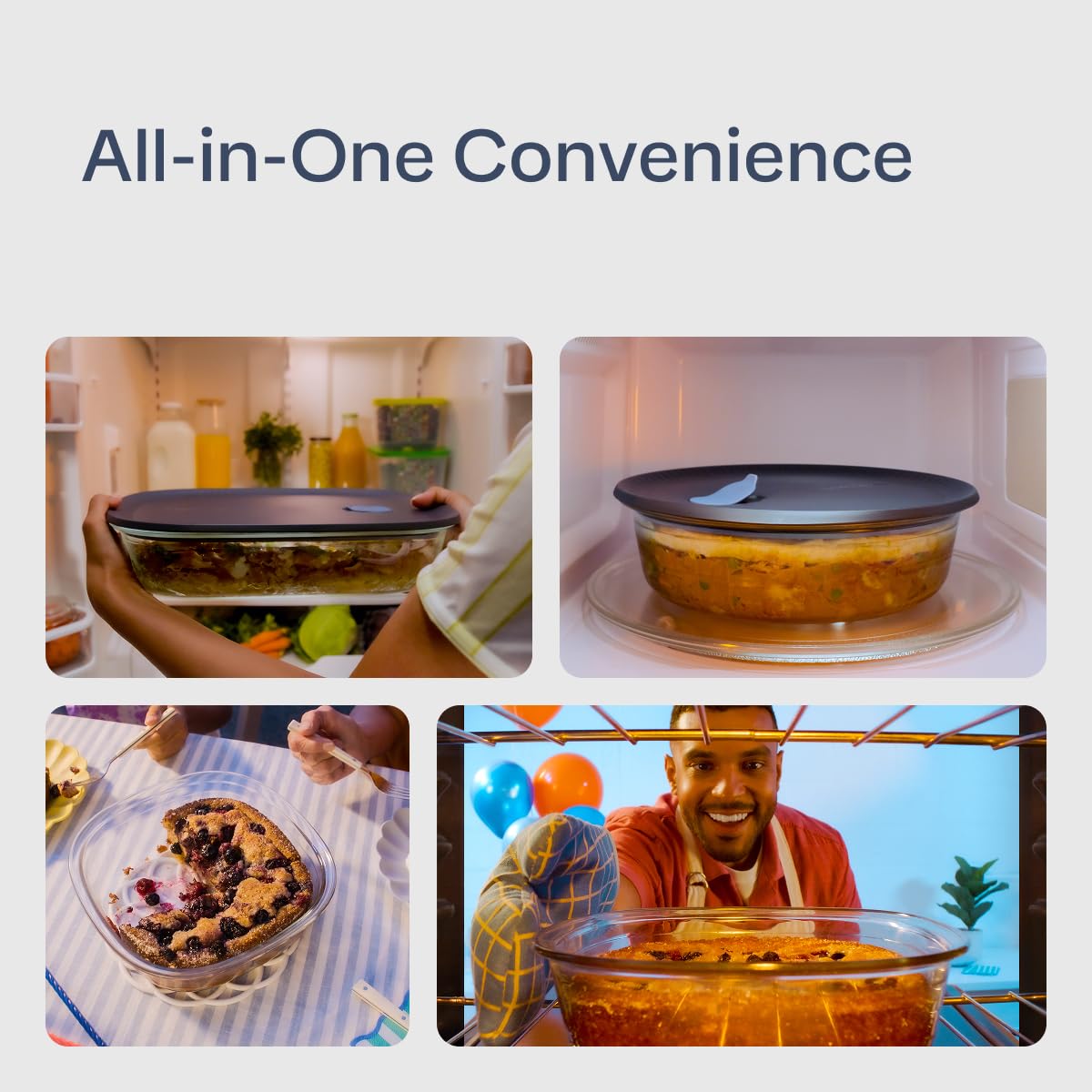 Tupperware Voila glass square baking dish, oven-safe borosilicate construction.