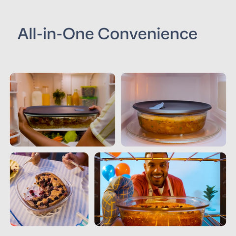 Tupperware Voila glass square baking dish, oven-safe borosilicate construction.