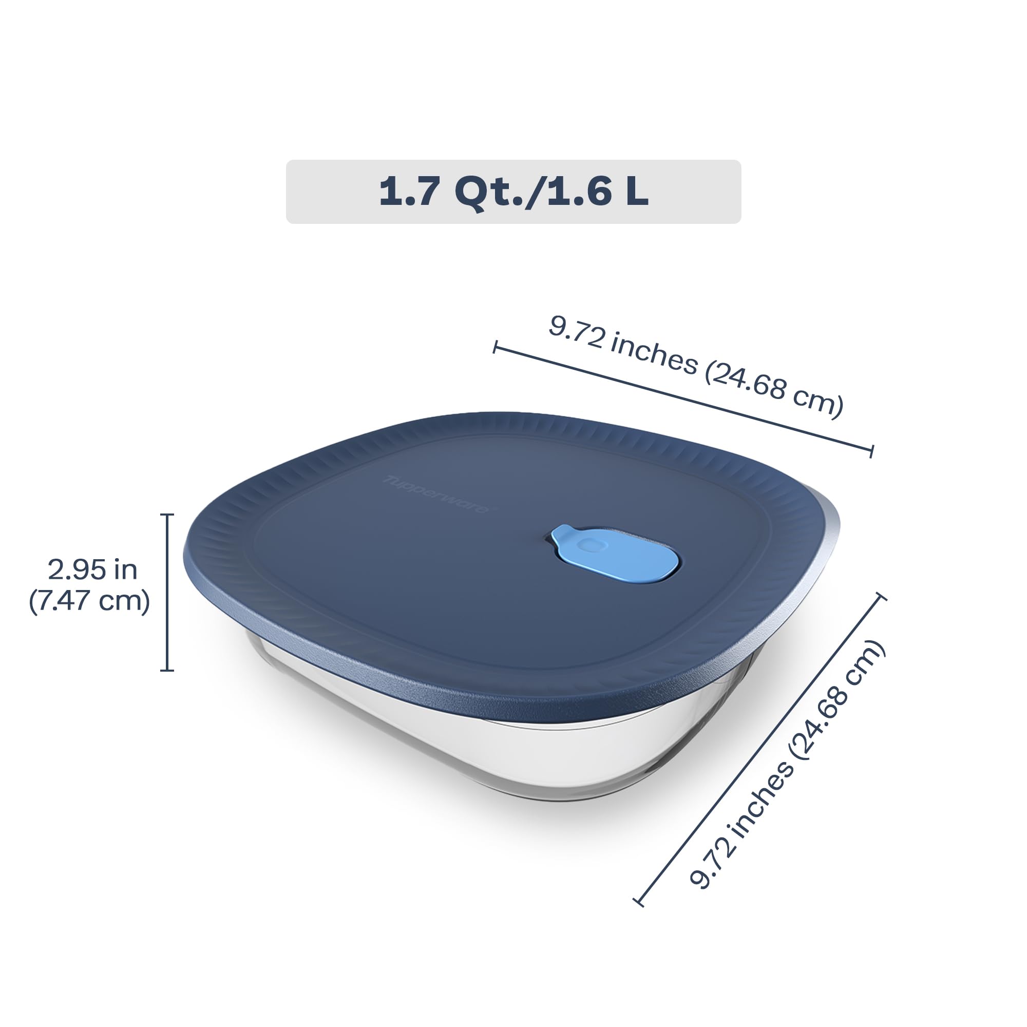 Tupperware Voila glass square baking dish, press-lid seal for airtight storage.