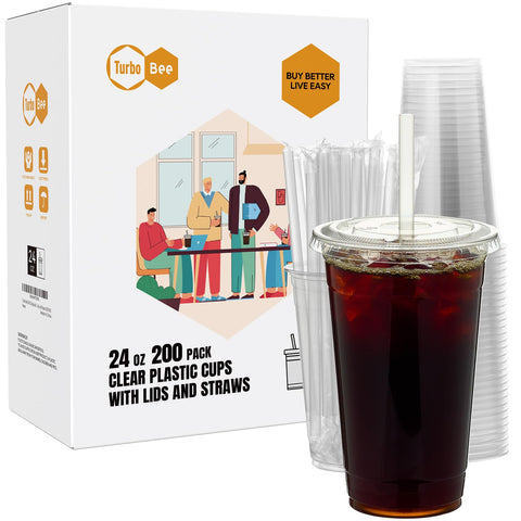 Turbo Bee 200 sets of 24 oz clear cups with lids, ideal for iced drinks.