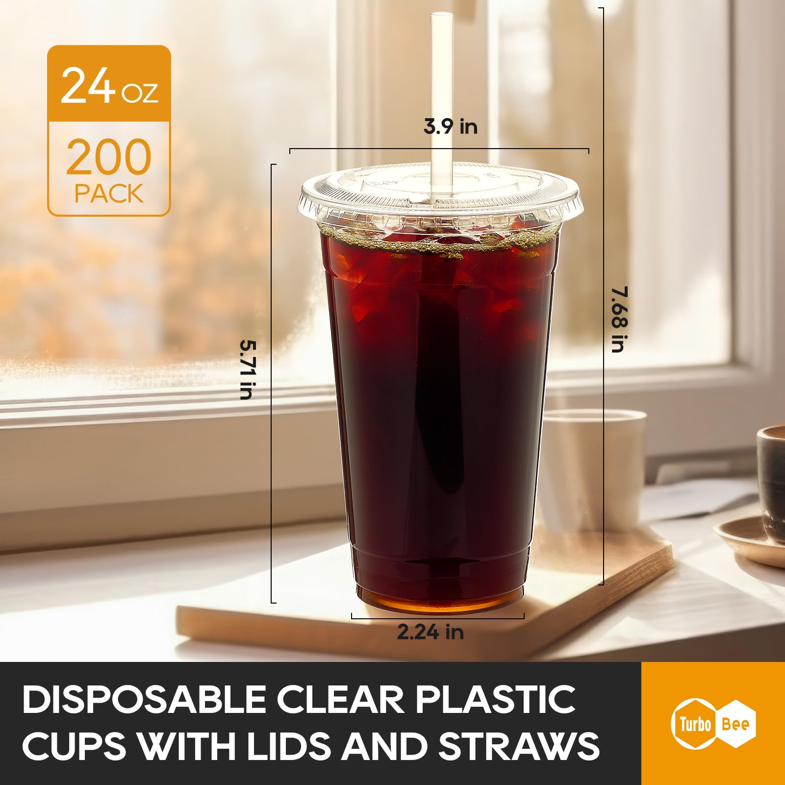 Turbo Bee clear 24 oz cups with lids and straws, perfect for take-away cold beverages.