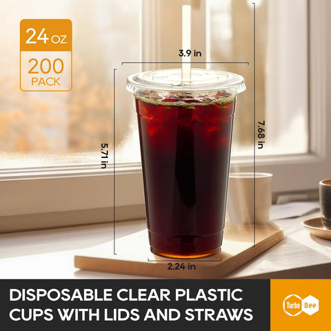 Turbo Bee clear 24 oz cups with lids and straws, perfect for take-away cold beverages.