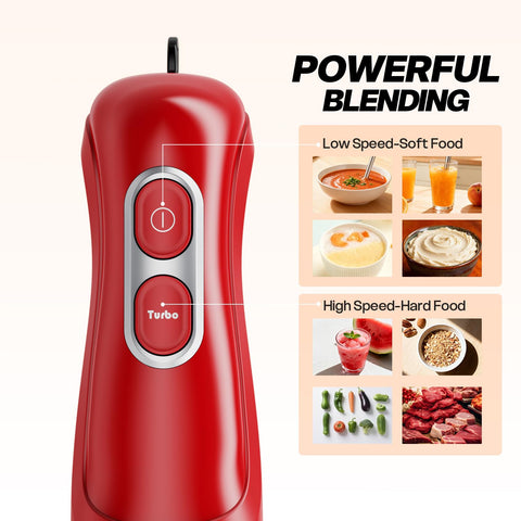 Turelar handheld blender showing two-speed control for precise textures.