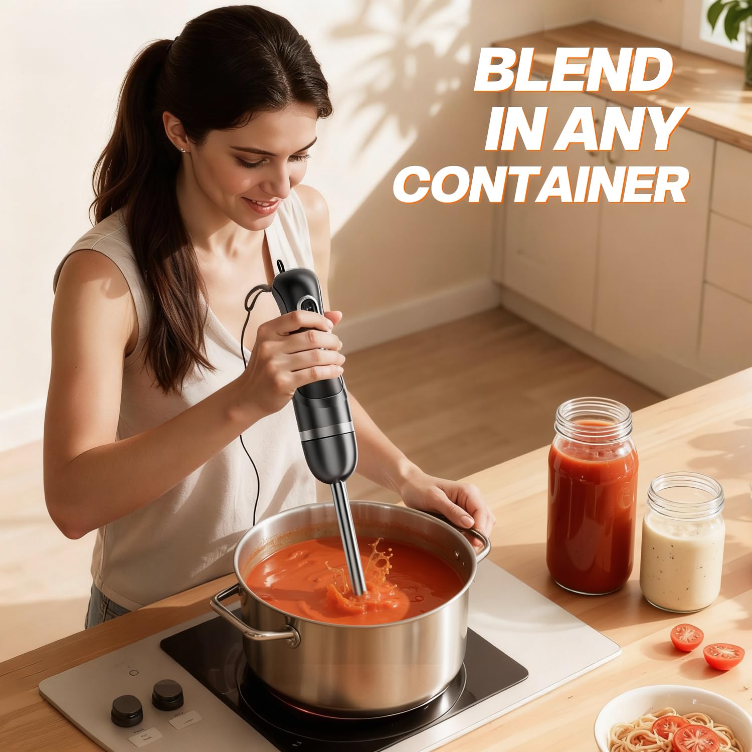 Turelar fits in most bowls and pots for versatile blending