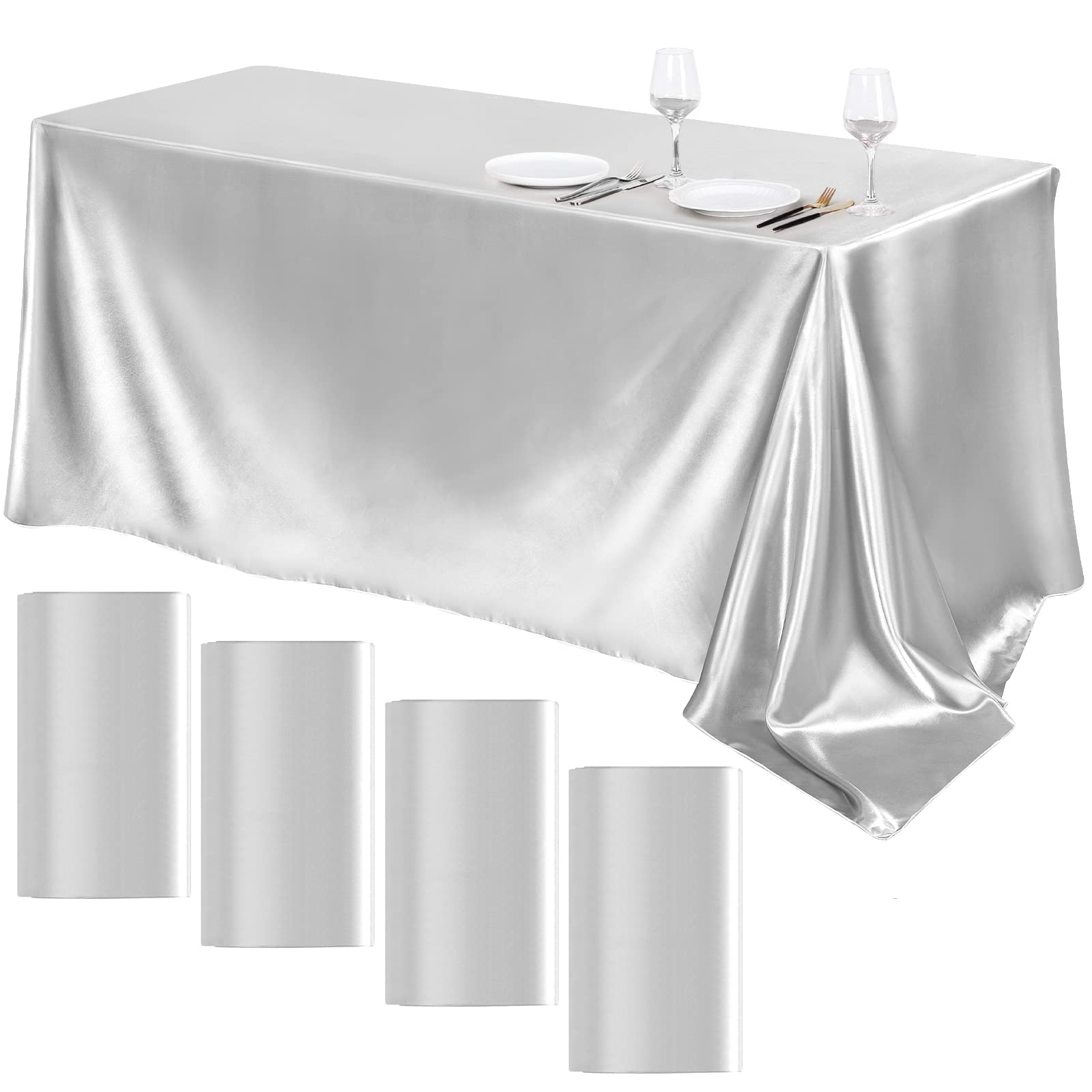TURSTIN silver satin tablecloth flat lay showing generous 102 x 58 inch coverage