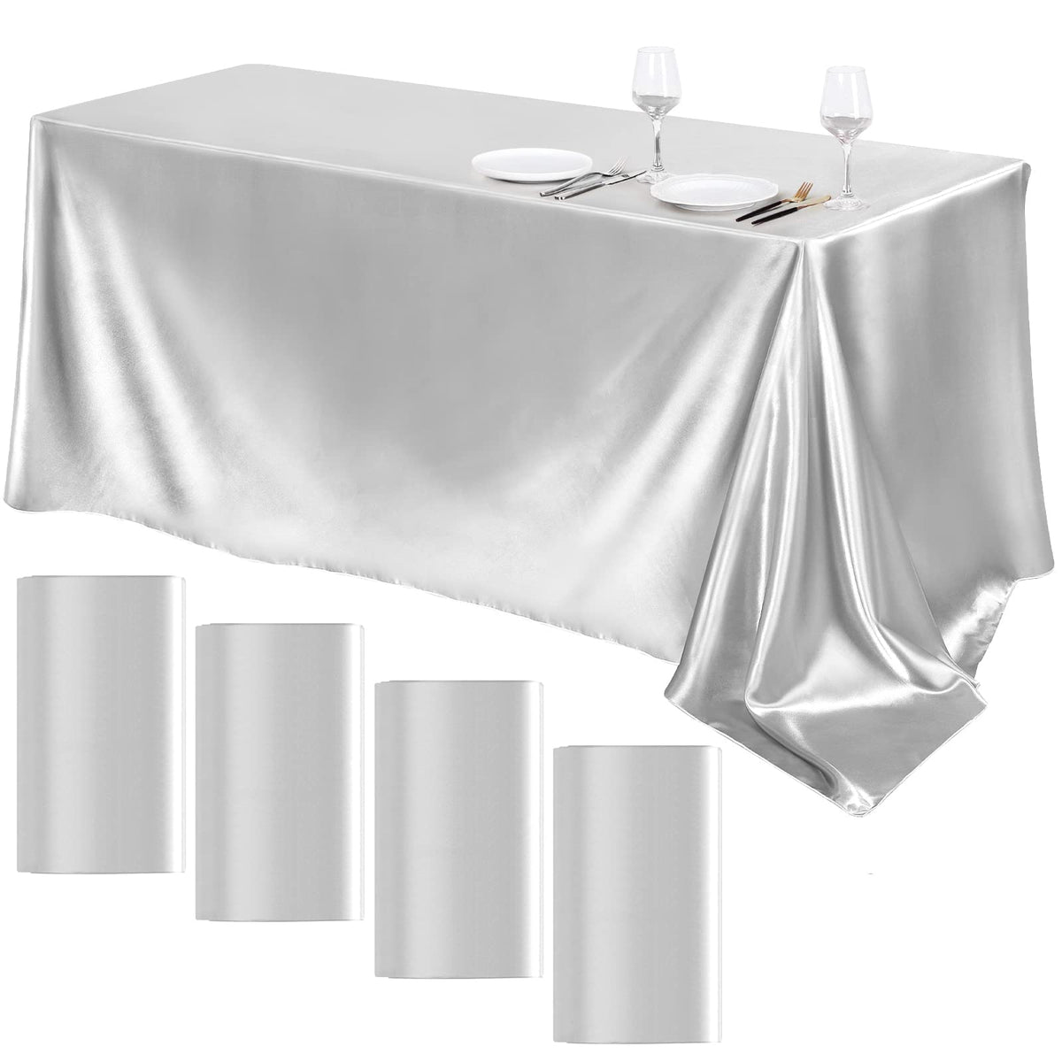 TURSTIN silver satin tablecloth flat lay showing generous 102 x 58 inch coverage