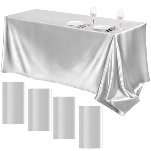 TURSTIN silver satin tablecloth flat lay showing generous 102 x 58 inch coverage