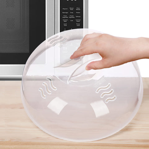 Tusjiain microwave splatter cover on an 11.5-inch plate; fits most dishes and reduces splatter.