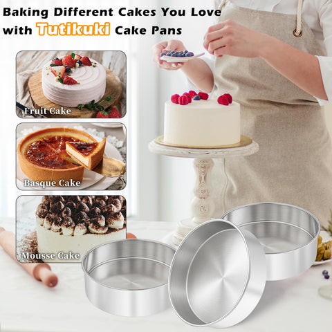 Tutikuki 8in cake pans with included parchment paper for easy release.