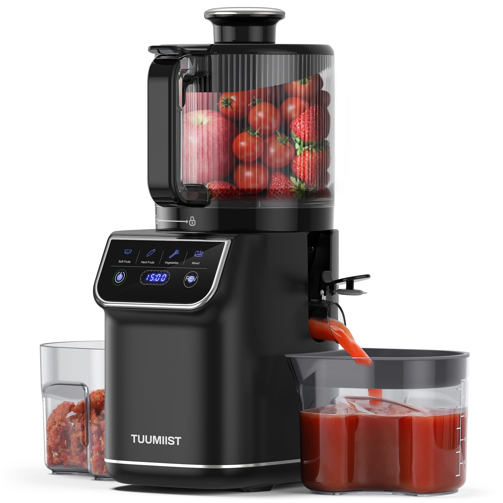 TUUMIIST cold press juicer with 6.5-inch wide chute for easy whole-fruit juicing