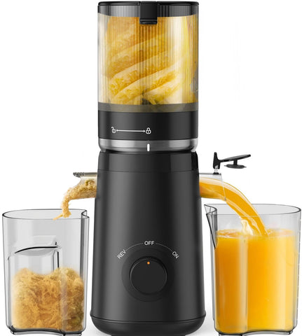 TUUMIIST cold-press juicer feed-chute assembly shows quick setup and easy cleaning.