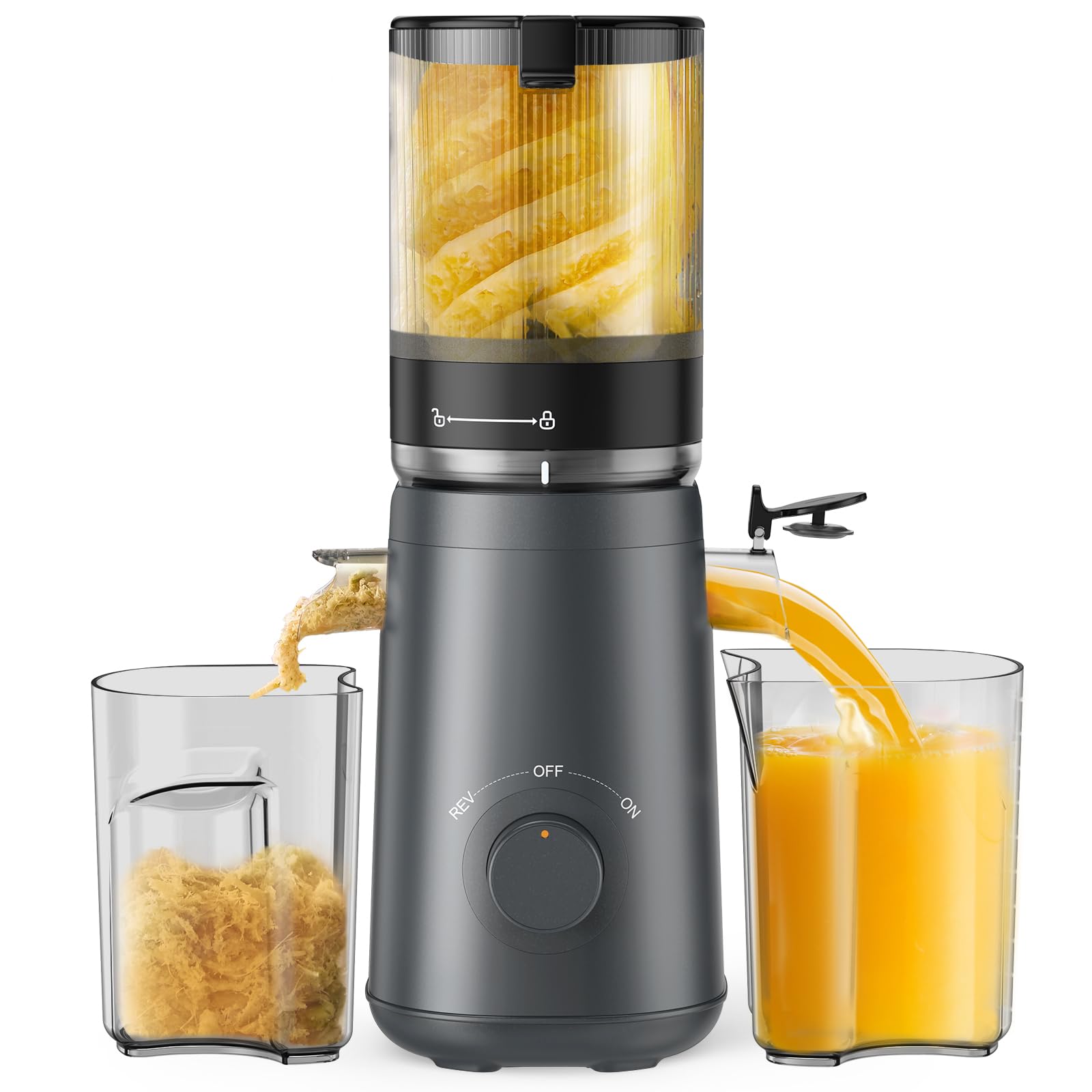 TUUMIIST juicer with a 5-3 inch feed chute enables whole-fruit juicing and faster prep.