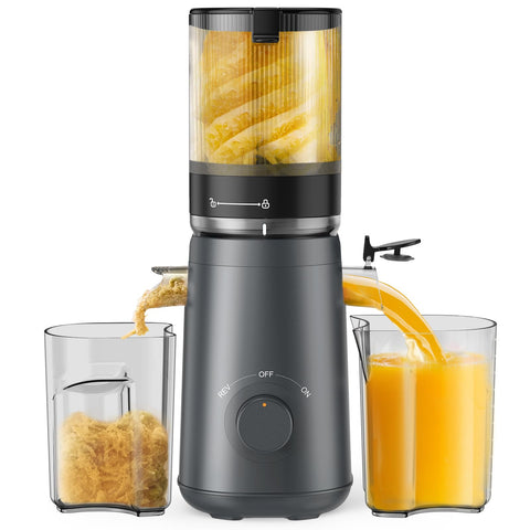 TUUMIIST juicer with a 5-3 inch feed chute enables whole-fruit juicing and faster prep.