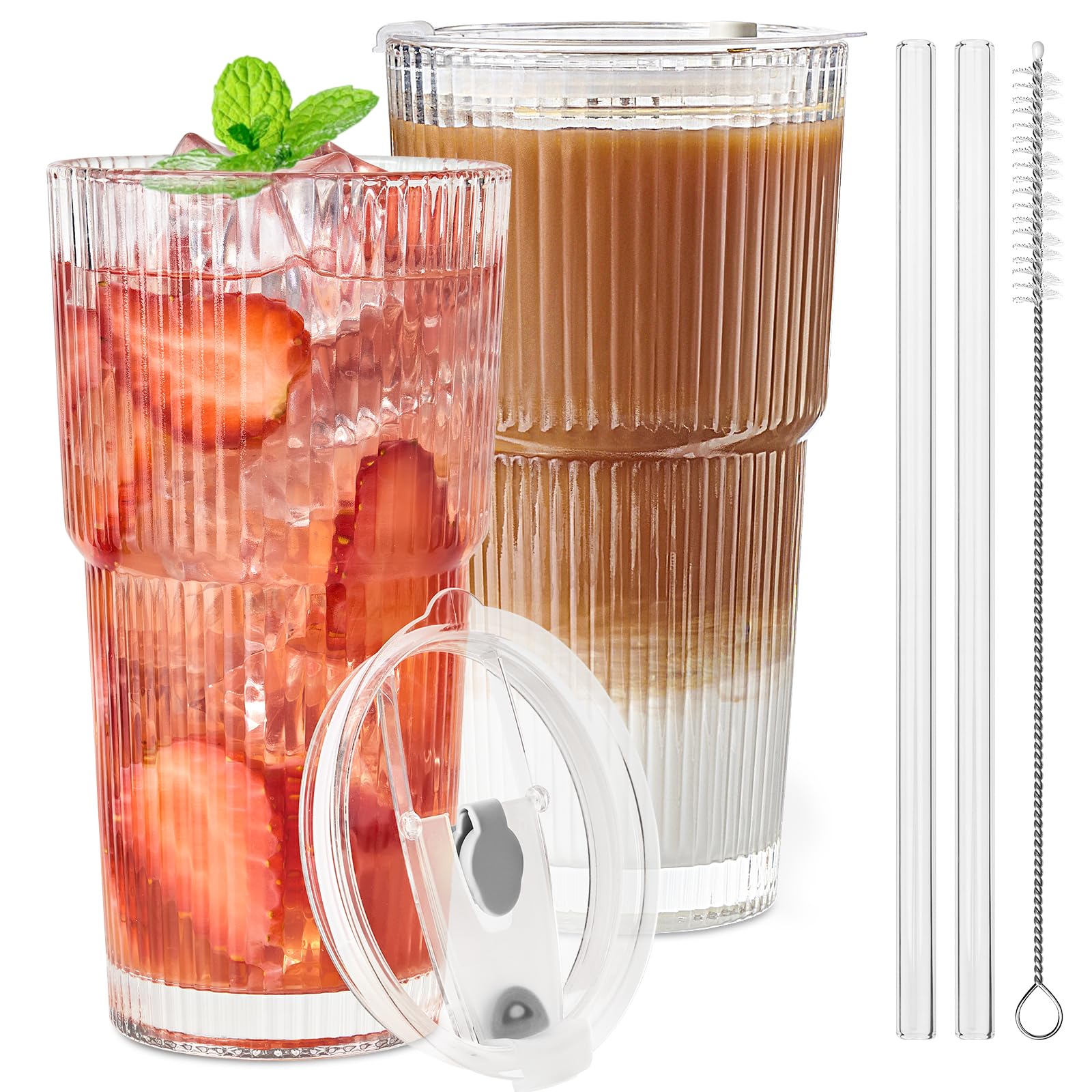 Tuzazo 20oz ribbed glass tumbler with lid for secure, spill-free sipping.