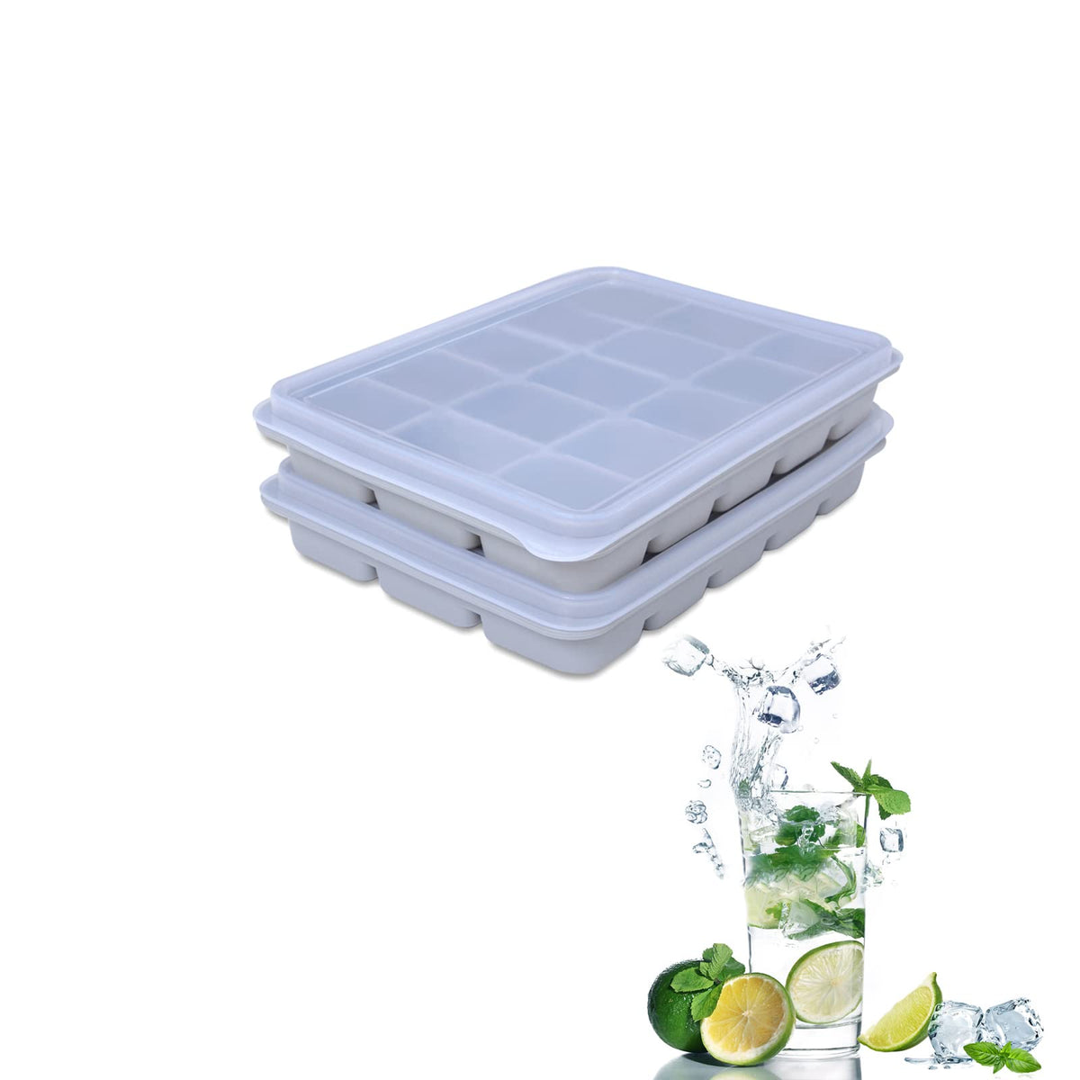 Tvmania Snow Gray ice cube trays with lids for fresh, odor-free freezing.