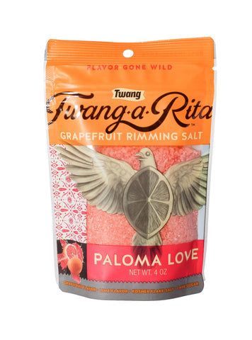 Twang Paloma Love Grapefruit rimming salt with shaker over glass for easy rim.